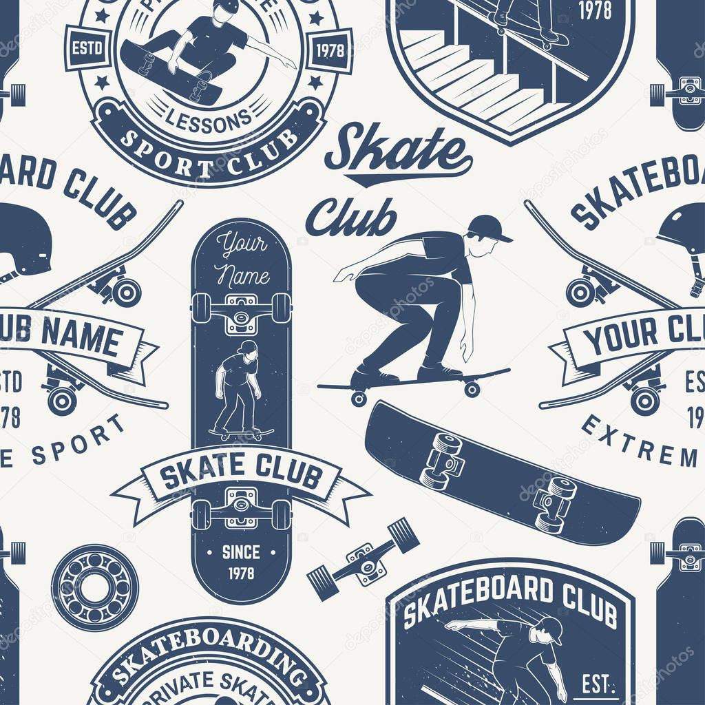 Skateboard and longboard club seamless pattern or background. Vector illustration. Retro typography design with skateboarder, helmet, skateboard silhouette. Extreme sport.