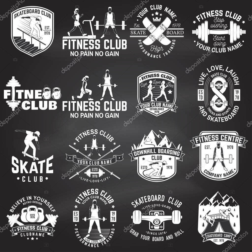 Set of fitness and skate board club concept with girls doing exercise and skateboarder silhouette on the chalkboard. Vector fitness and skateboarding club retro badges. For gym signs, emblems