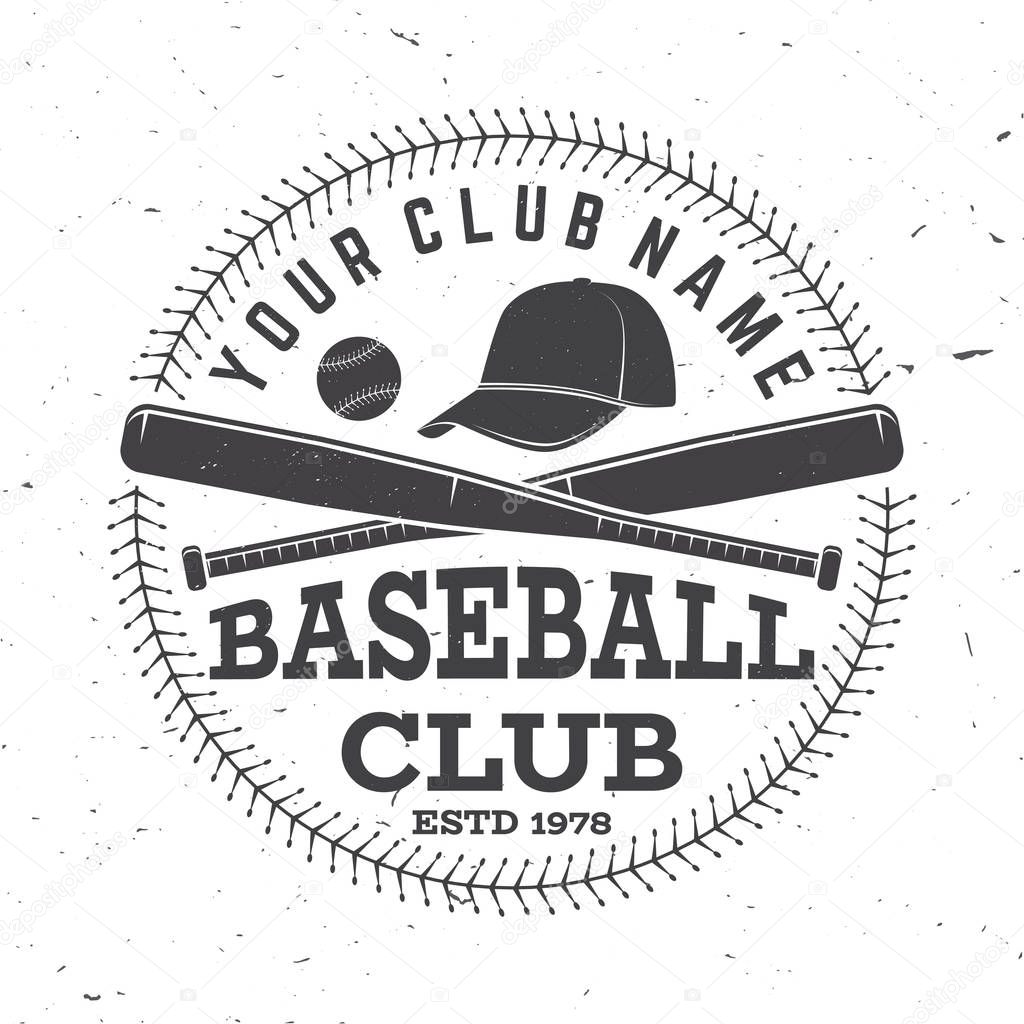 Baseball club badge. Vector illustration. Concept for shirt or logo, print, stamp or tee. Vintage typography design with baseball bats, cap and ball for baseball silhouette.