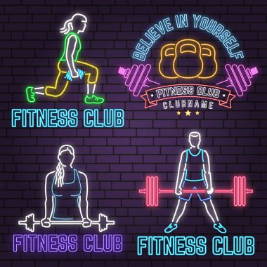 Neon fitness club işareti tuğla duvar arka plan üzerinde. Vektör çizim.