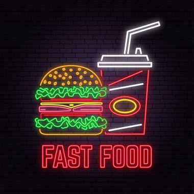 Retro neon burger ve kola tuğla duvar arka plan üzerinde oturum açın. Tasarım için kafe, Restoran.