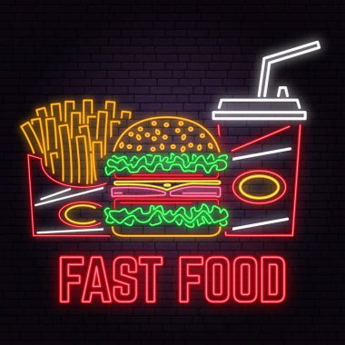Retro neon burger, kola ve patates kızartması tuğla duvar arka plan üzerinde oturum açın. Vektör.