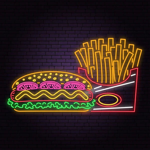 Retro neon hot dog a hranolky se na cihlovou zeď na pozadí. Design pro kavárny, restaurace. — Stockový vektor