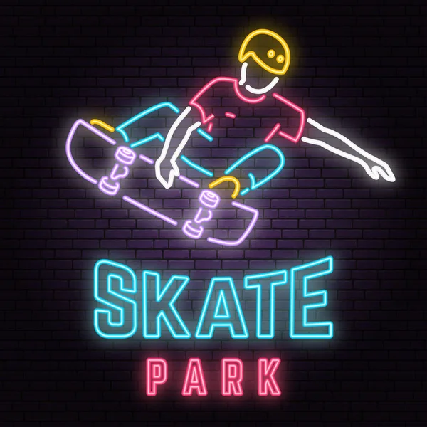 Neon skate park znak na tle ściany cegła. Ilustracja wektorowa. — Wektor stockowy