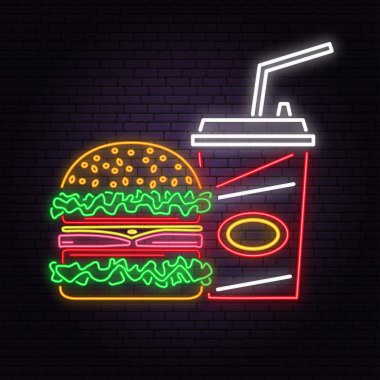 Retro neon burger ve kola tuğla duvar arka plan üzerinde oturum açın. Tasarım için kafe, Restoran.