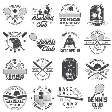 Beyzbol ve tenis kulübü rozeti kümesi. Vektör çizim. Gömlek ya da logo, yazdırma, damga veya tee için kavram.