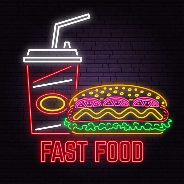 Retro neon hot dog e cola segno su sfondo muro di mattoni. Progettazione per caffè, ristorante . — Vettoriale Stock