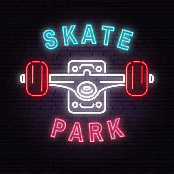 Sinal de parque de skate de néon no fundo da parede de tijolo. Ilustração vetorial . — Vetor de Stock