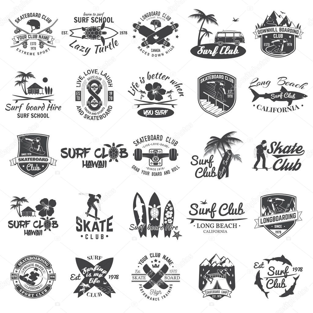 Set of skateboard, longboard and surf club badges. Vector illustration.