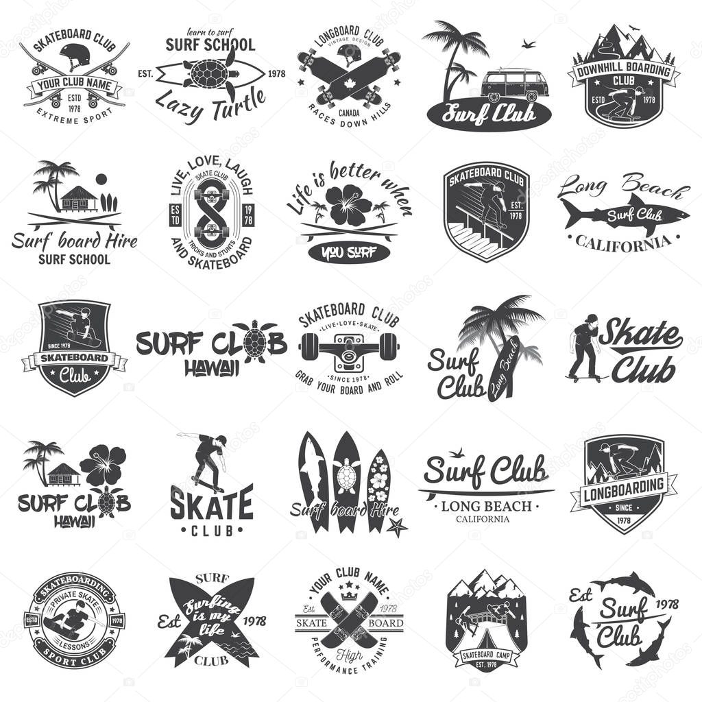 Set of skateboard, longboard and surf club badges. Vector illustration. For surf and skate club emblems, signs and t-shirt design. Vintage typography design. Extreme sport.