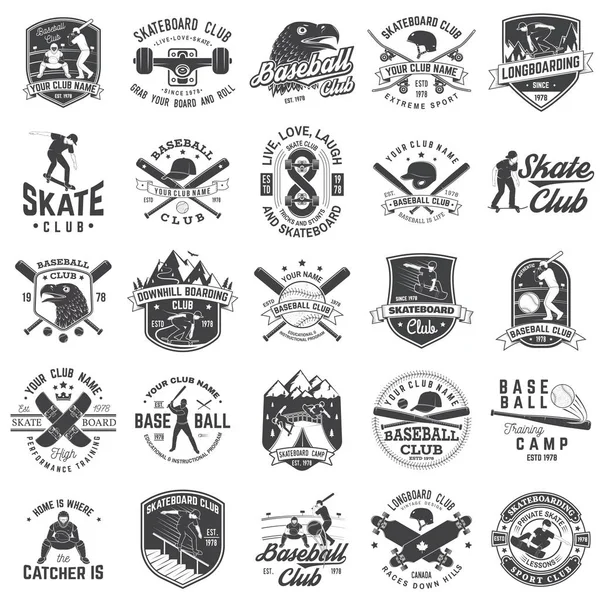 Σύνολο του badge club μπέιζ-μπώλ και skateboard. Εικονογράφηση διάνυσμα. Ιδέα για το πουκάμισο ή το λογότυπο, διακοσμητικό print, σφραγίδα ή ΤΕΕ. — Διανυσματικό Αρχείο
