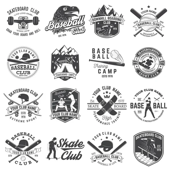 Conjunto de placa del club de béisbol y skate. Ilustración vectorial. Concepto para camisa o logotipo, impresión, sello o camiseta . — Archivo Imágenes Vectoriales