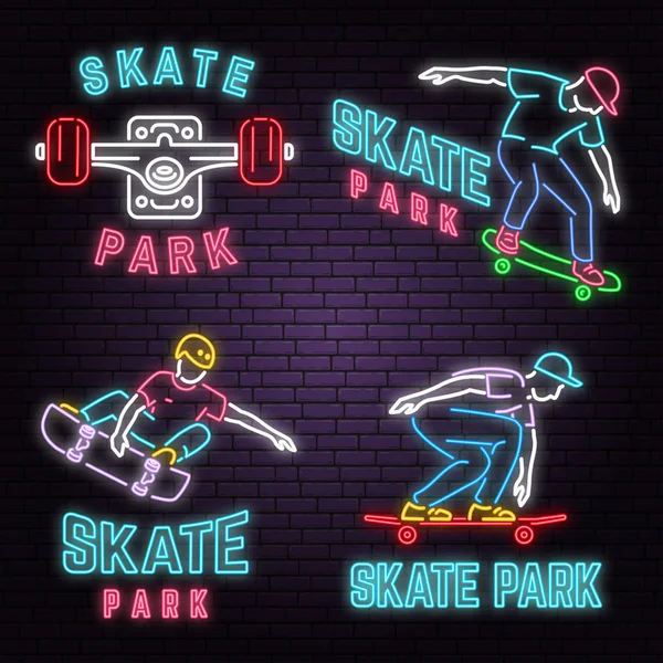 Set of neon skate park sign on brick wall background. Vector illustration. — Stock Vector