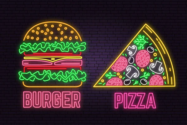 Retro neon burger i pizza Zarejestruj na tle ściany cegła. Projekt dla fast food café. — Wektor stockowy