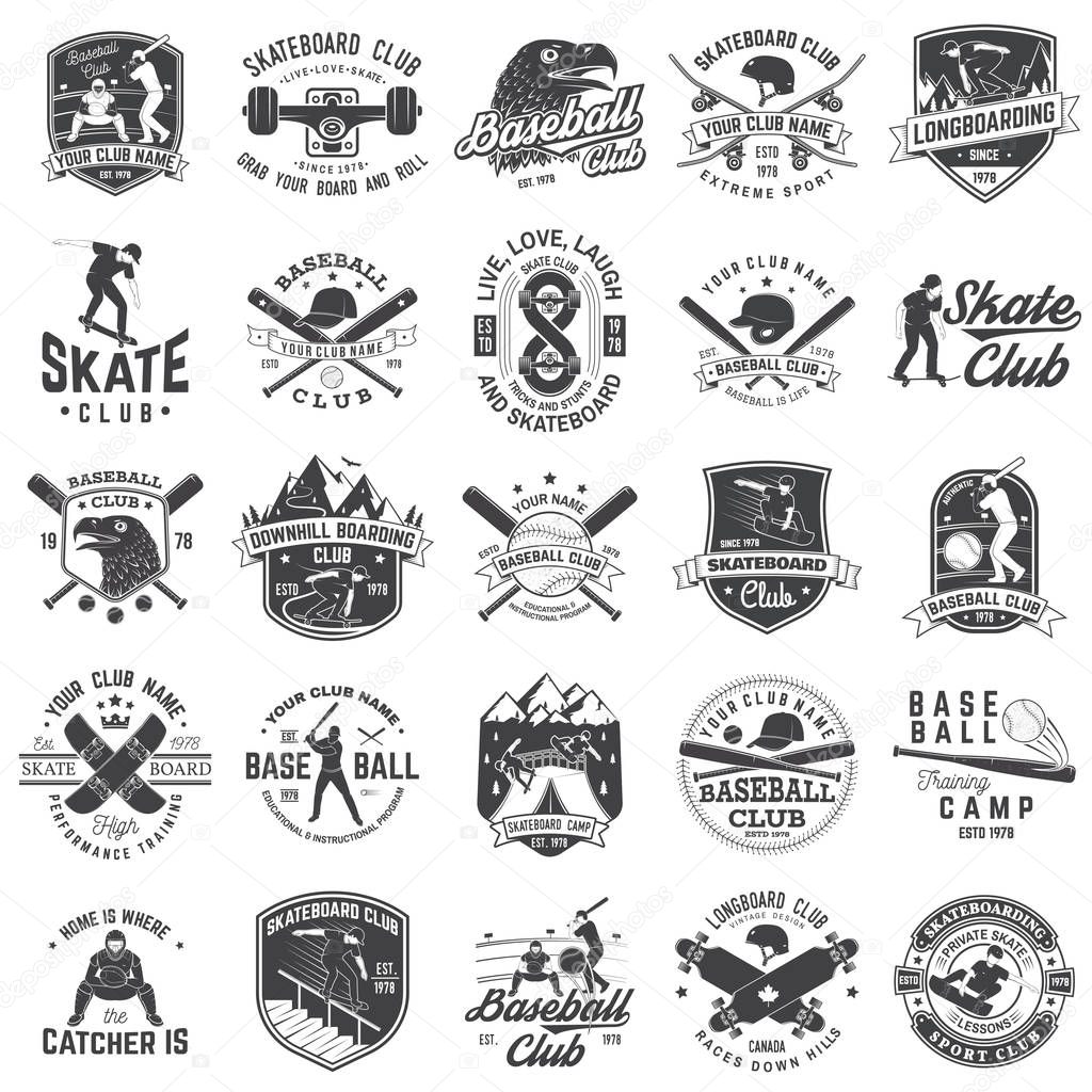 Set of baseball and skateboard club badge. Vector illustration. Concept for shirt or logo, print, stamp or tee. Design with baseball bats, catcher, eagle, ball, skateboarder and skateboard silhouette.