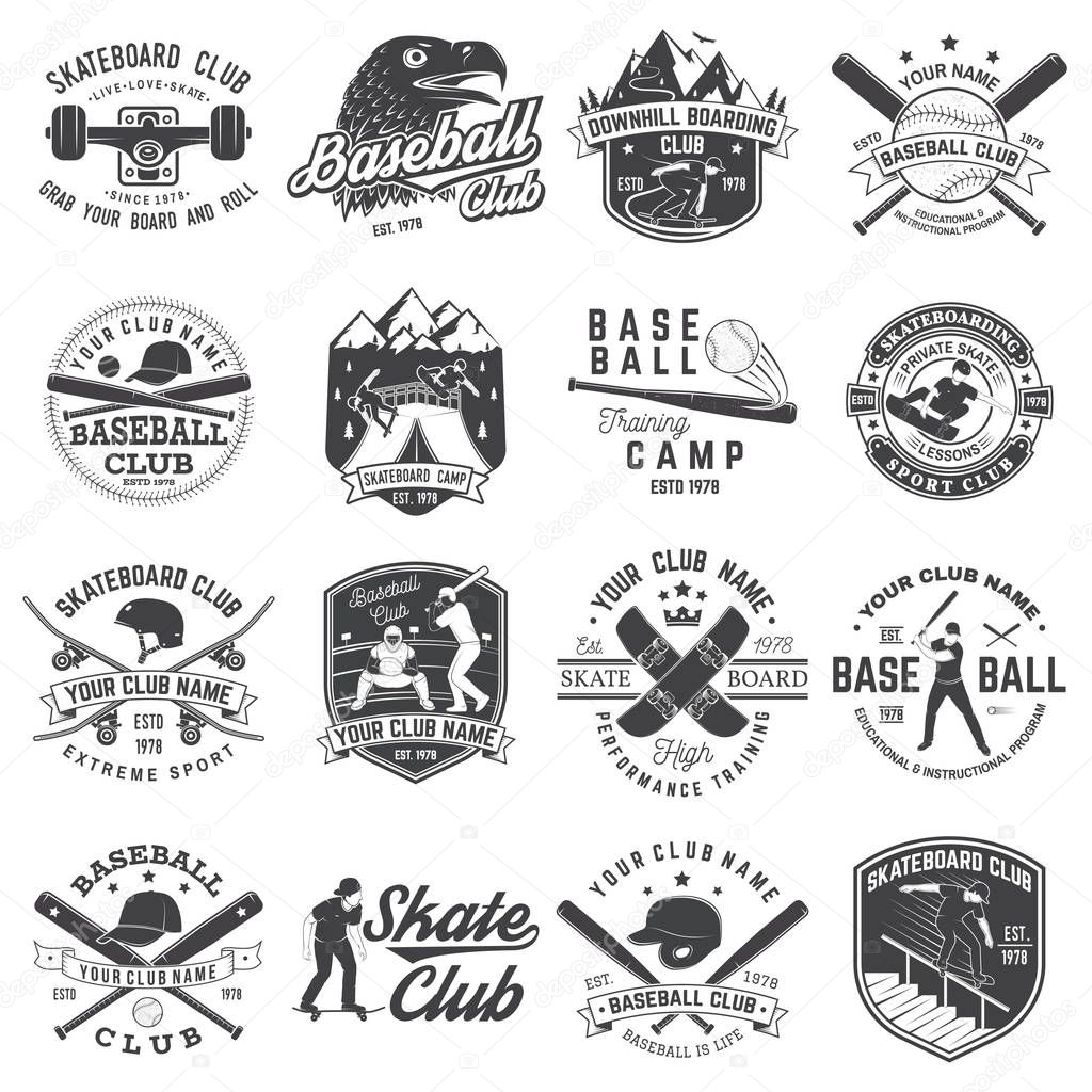 Set of baseball and skateboard club badge. Vector illustration. Concept for shirt or logo, print, stamp or tee. Design with baseball bats, catcher, eagle, ball, skateboarder and skateboard silhouette.