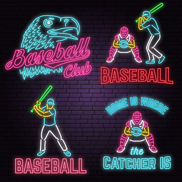 Neon beyzbol Kulübü rozeti kümesi. Vektör çizim. Gömlek ya da logo, yazdırma, damga veya tee için kavram. — Stok Vektör