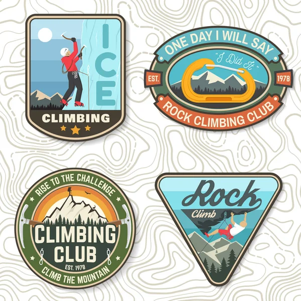 Design de tipografia vintage com alpinista, mosquetão e montanhas —  Vetores de Stock
