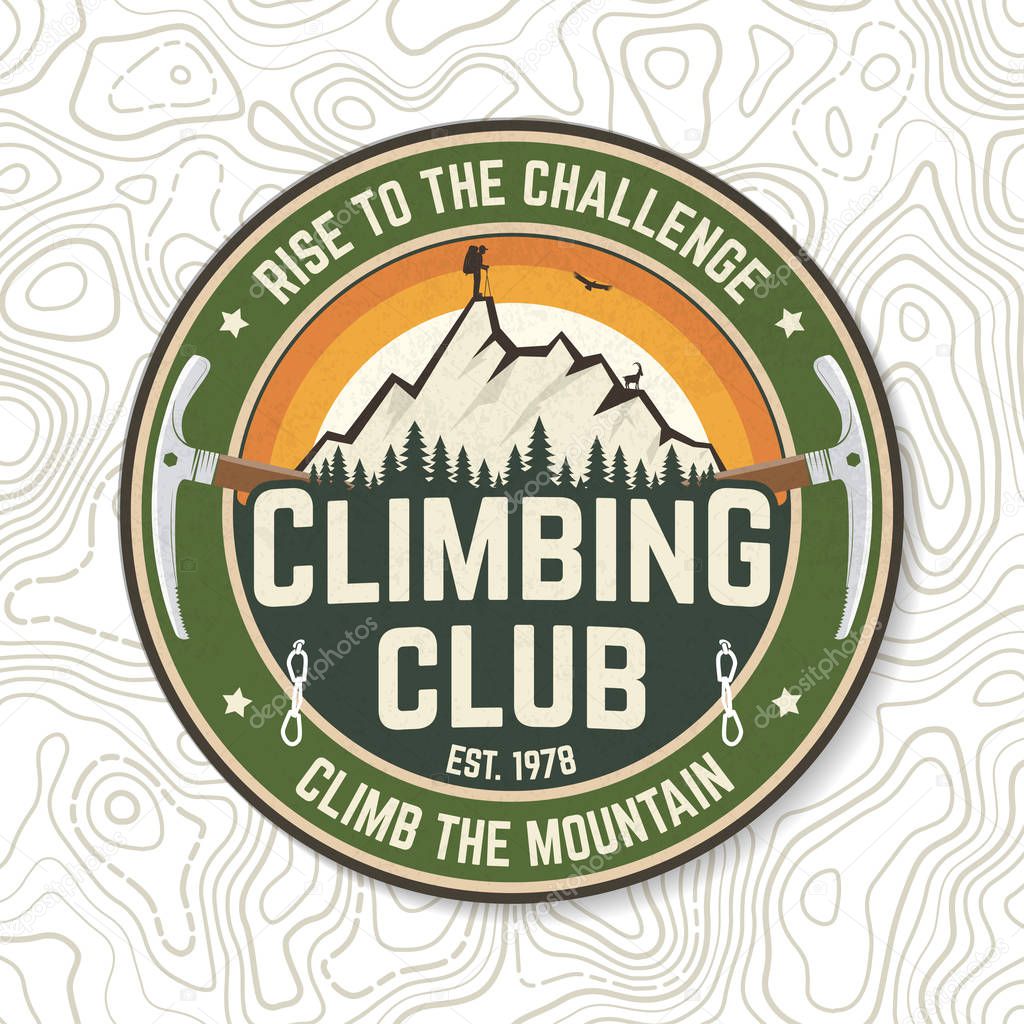 Climbing club badge. Vector. Concept for shirt or logo, print, stamp or tee. Vintage typography design with ice axe, rock climbing Goat and mountain silhouette. Outdoors adventure emblem.