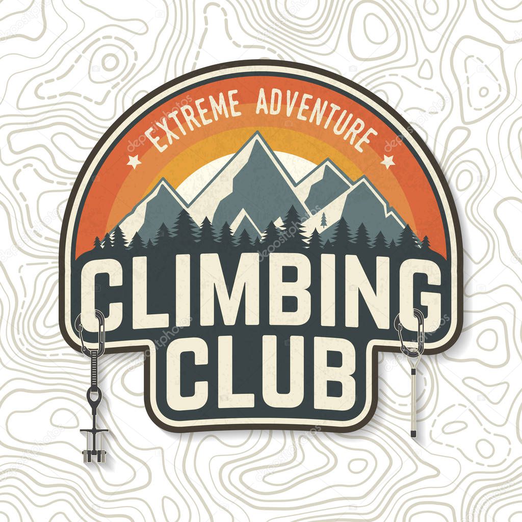 Climbing Club badge. Vector. Concept for shirt or logo, print, stamp or tee. Vintage typography design with carabiners, climbing cams, hexes and mountain silhouette. Extreme adventure.