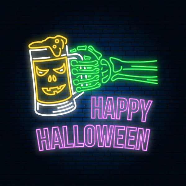 Feliz signo de neón de Halloween o emblema. Ilustración vectorial. Banner de luz de Halloween feliz con mano de esqueleto — Vector de stock