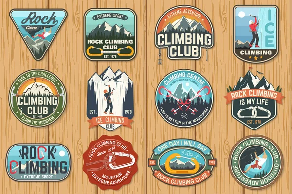 Set of Rock Climbing club badges on the wood board. Vector. — Stock Vector