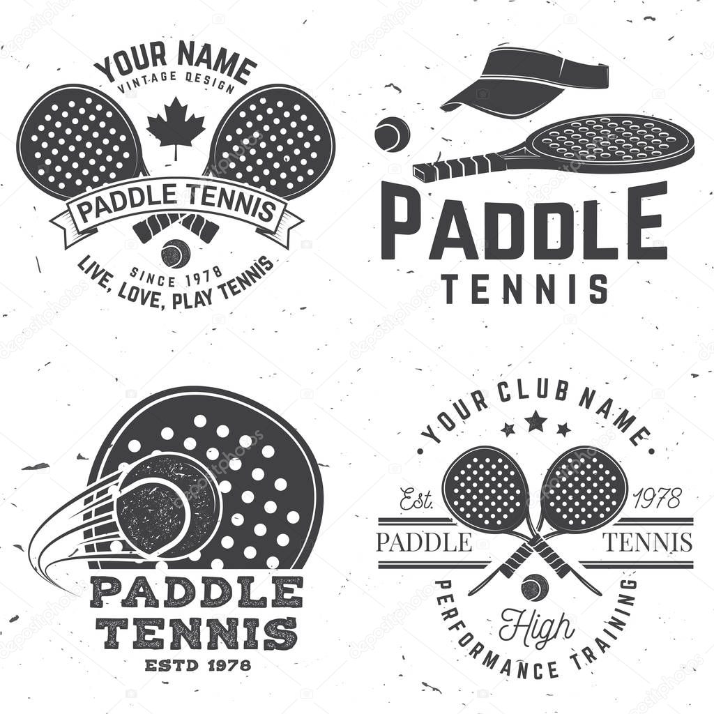 Set of Paddle tennis badge, emblem or sign. Vector illustration. Concept for shirt, print, stamp or tee. Vintage typography design with paddle tennis racket, visor and paddle ball silhouette.