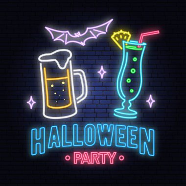 Cadılar Bayramı partisi neon tabela. Vektör çizim. Mutlu Cadılar Bayramı ışık afiş ile bira, kokteyl ve yarasa