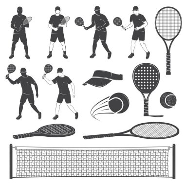 Tenis ve raket Tenis ekipmanları siluetleri kümesi. Vektör çizim.