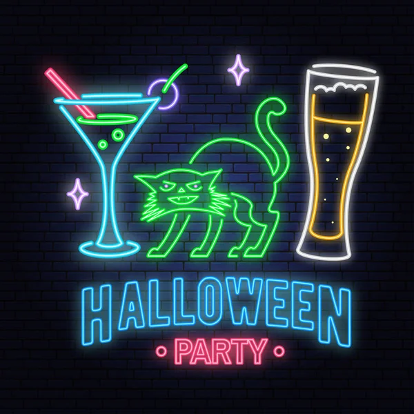 Insegna al neon per Halloween. Illustrazione vettoriale. Felice banner luce di Halloween con birra, cocktail e gatto — Vettoriale Stock