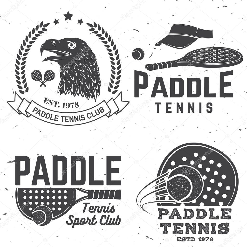Set of Paddle tennis badge, emblem or sign. Vector illustration. Concept for shirt, print, stamp or tee. Vintage typography design with paddle tennis racket, visor and paddle ball silhouette.