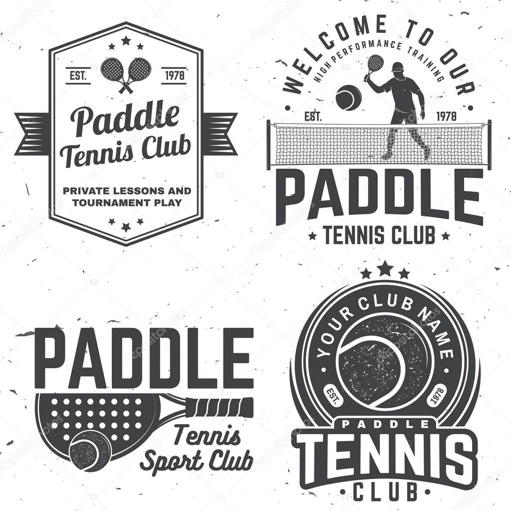 Set of Paddle tennis badge, emblem or sign. Vector illustration. Concept for shirt, print, stamp or tee. Vintage typography design with paddle tennis racket, visor and paddle ball silhouette.