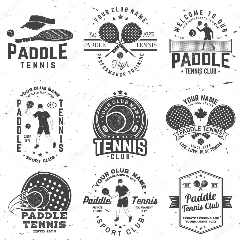 Set of Paddle tennis badge, emblem or sign. Vector illustration. Concept for shirt, print, stamp or tee. Vintage typography design with paddle tennis racket, visor and paddle ball silhouette.