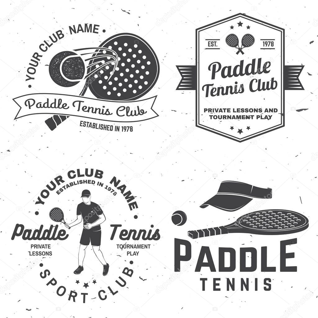 Set of Paddle tennis badge, emblem or sign. Vector illustration. Concept for shirt, print, stamp or tee. Vintage typography design with paddle tennis racket, visor and paddle ball silhouette.