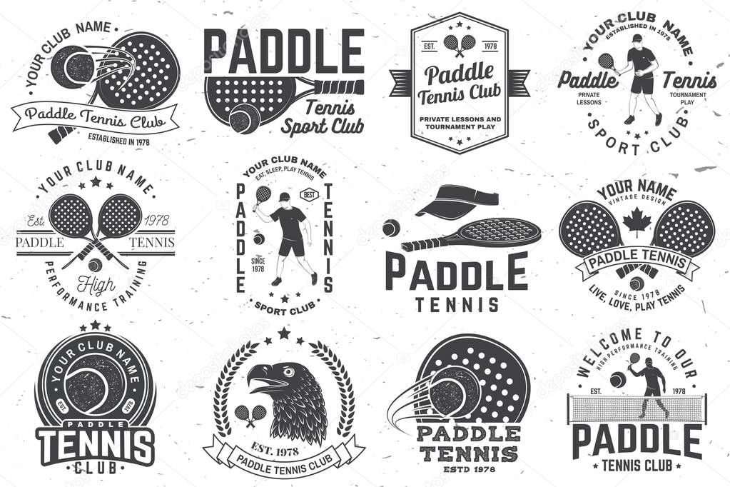 Set of Paddle tennis badge, emblem or sign. Vector illustration. Concept for shirt, print, stamp or tee. Vintage typography design with paddle tennis racket, visor and paddle ball silhouette.