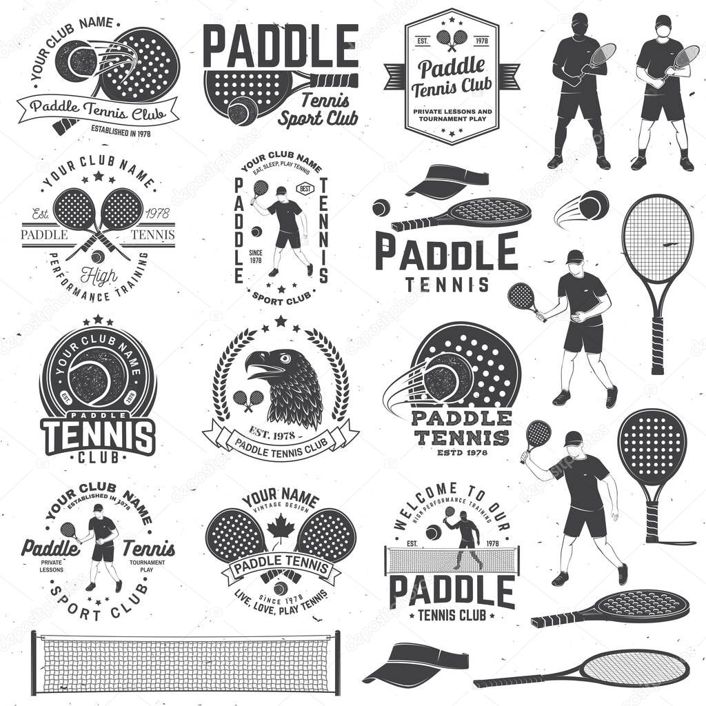 Set of Paddle tennis badge, emblem or sign with design element. Vector. Concept for shirt, print, stamp or tee. Vintage typography design with paddle tennis racket, visor and paddle ball silhouette.