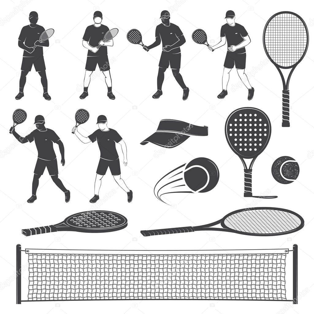 Set of tennis and paddle tennis equipment silhouettes. Vector illustration.
