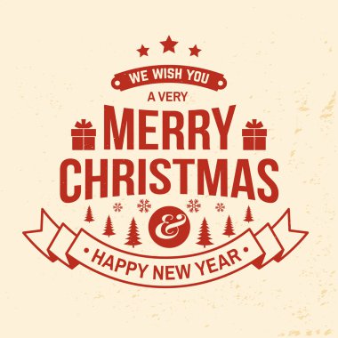Size mutlu Noeller diliyoruz ve mutlu yıllar damgası, üzerinde kar taneleri, Noel ağacı ve hediye etiketi olan bir etiket..