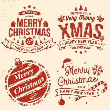 Mutlu Noeller ve mutlu yıllar damgası, kar taneleri, asılı noel balosu, Noel Baba şapkası, şeker....