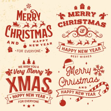 Mutlu Noeller ve mutlu yıllar damgası, kar taneleri, asılı noel balosu, Noel Baba şapkası, şeker....