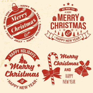 Mutlu Noeller ve mutlu yıllar damgası, kar taneleri, asılı noel balosu, Noel Baba şapkası, şeker....