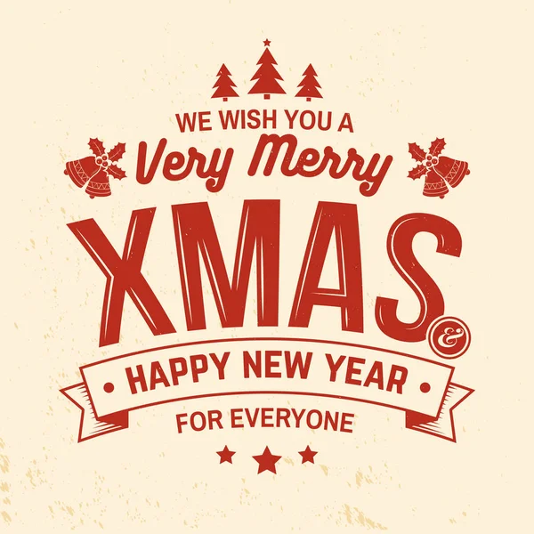 Le deseamos una muy Feliz Navidad y Feliz Año Nuevo sello, etiqueta engastada con acebo, baya, árbol de Navidad, campana . — Vector de stock