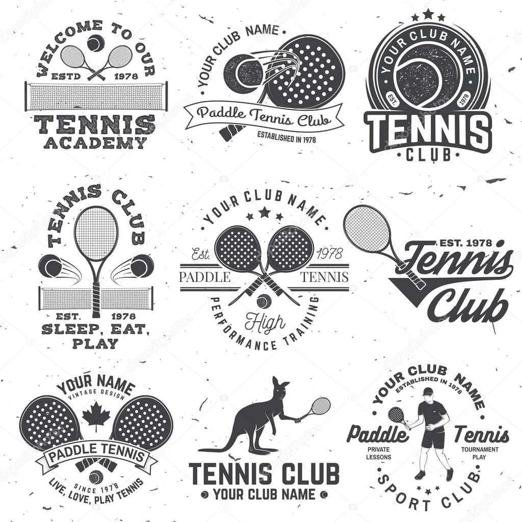 Set of Paddle tennis and tennis badge, emblem or sign. Vector. Concept for shirt, print, stamp or tee. Vintage typography design with paddle tennis racket, visor and paddle ball silhouette.
