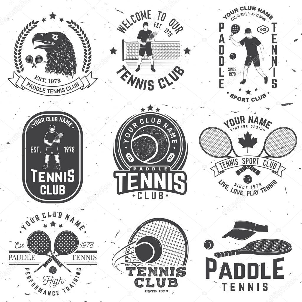 Set of Paddle tennis and tennis badge, emblem or sign. Vector. Concept for shirt, print, stamp or tee. Vintage typography design with paddle tennis racket, visor and paddle ball silhouette.
