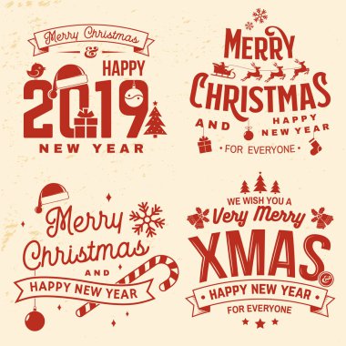 Mutlu Noeller ve mutlu yıllar damgası, kar taneleri, asılı noel balosu, Noel Baba şapkası, şeker....