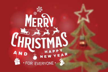 Mutlu Noeller ve mutlu yıllar damgası, meleklerle dolu çıkartmalar, kızakta Noel Baba ve geyik ve noel hediyeleri..