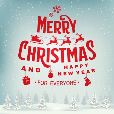 Mutlu Noeller ve mutlu yıllar damgası, meleklerle dolu çıkartmalar, kızakta Noel Baba ve geyik ve noel hediyeleri..