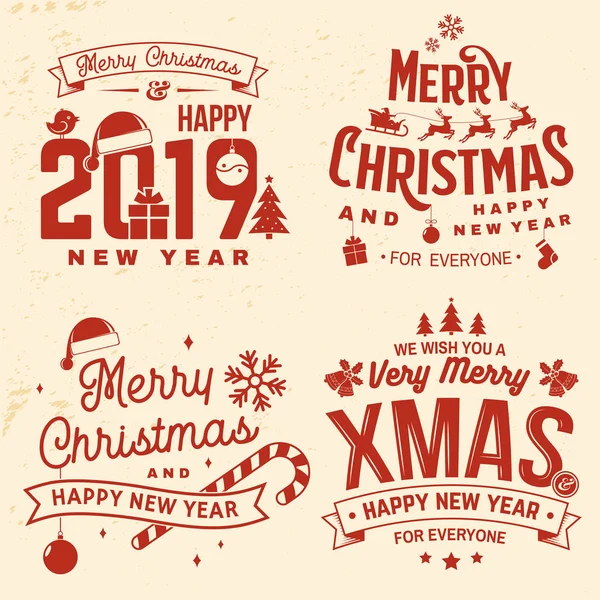 Ensemble de timbres Joyeux Noël et Bonne Année, autocollant serti de flocons de neige, boule de Noël suspendue, chapeau de Père Noël, bonbons. — Image vectorielle