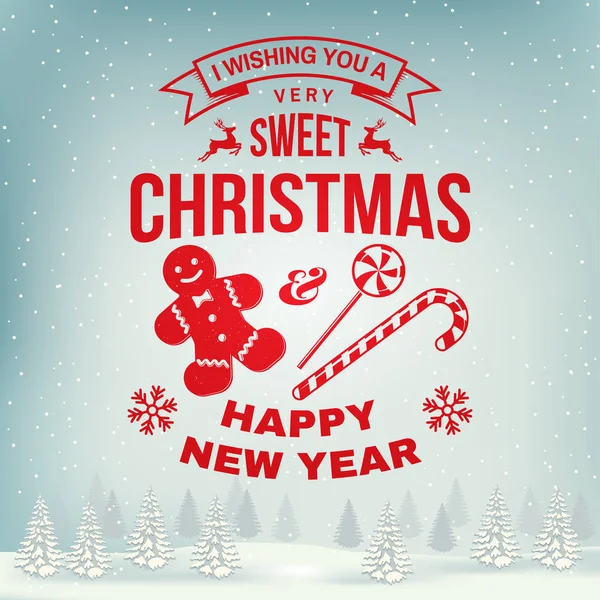 Te deseo una muy dulce Navidad y feliz año nuevo sello, etiqueta engastada con copos de nieve, dulces de Navidad, galletas. Vector . — Vector de stock