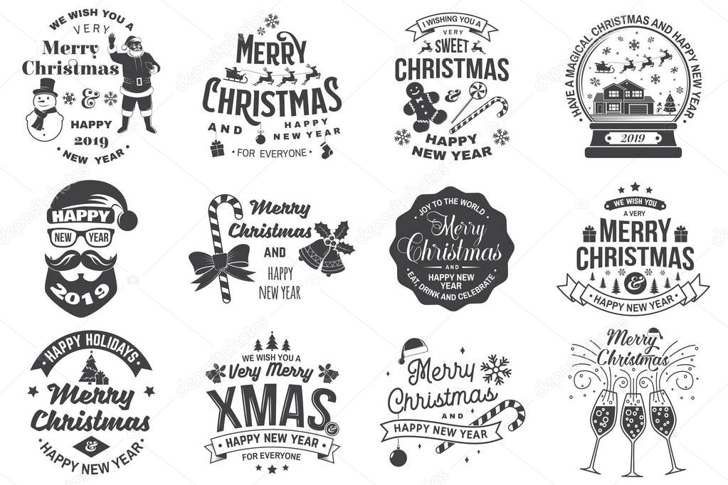Set of Merry Christmas and 2019 Happy New Year stamp, sticker Set quotes with snowflakes, snowman, santa claus, candy, sweet candy, cookies. Vector. Vintage typography design for xmas, new year emblem